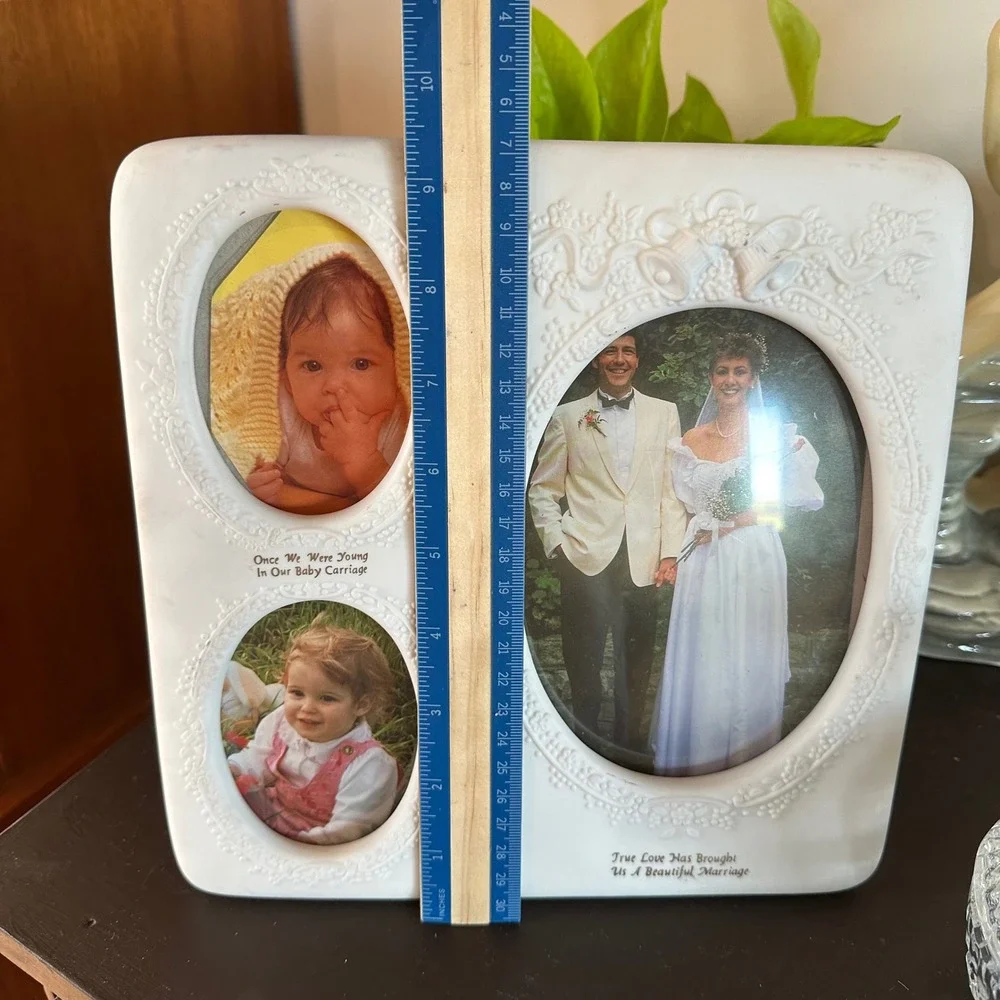 Vtg White Ceramic Wedding Collage Picture Frame Floral Bridal Shower Cottagecore